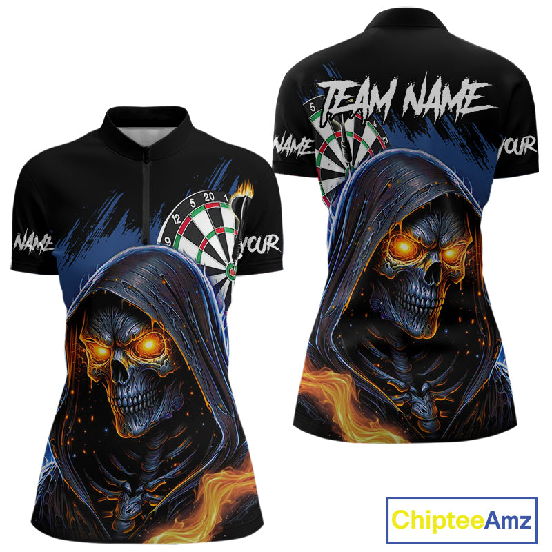 Personalized Blue Grim Reaper Fire Dart Shirts For Women Custom Skull Dart Jersey Polo & 1/4 Zip TDM4892