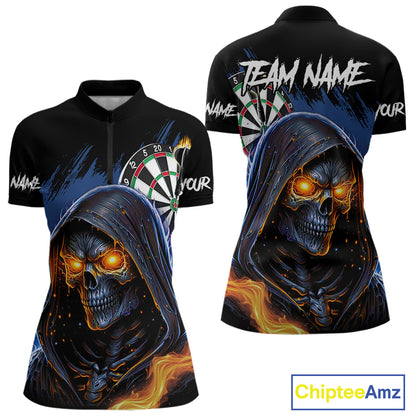 Personalized Blue Grim Reaper Fire Dart Shirts For Women Custom Skull Dart Jersey Polo & 1/4 Zip TDM4892