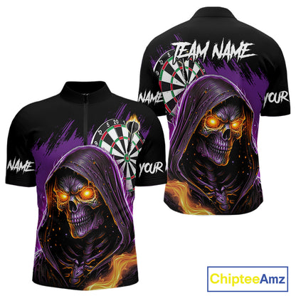 Personalized Purple Grim Reaper Fire Dart Shirt For Men Custom Skull Dart Jersey Polo & 1/4 Zip TDM4893