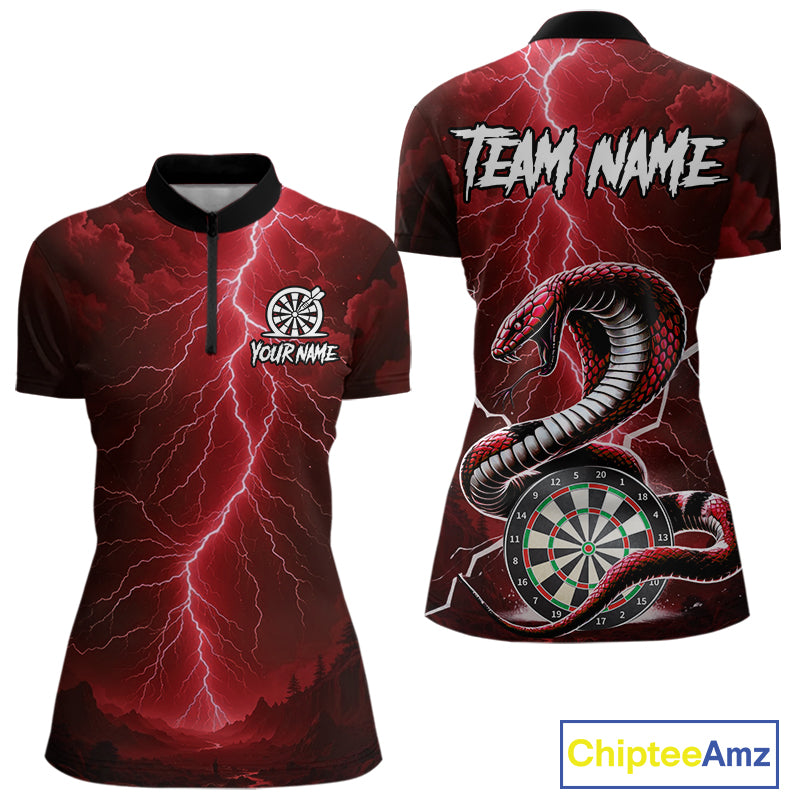 Red Lightning Thunder Cobra Darts Shirt For Women Custom Darts League Team Jersey Polo & 1/4 Zip TDM4894