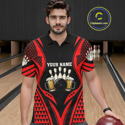 Black And Red Tribal Beer Bowling Shirts For Men Custom Bowling Polo, Quarter Zip Team Jersey TDM7691