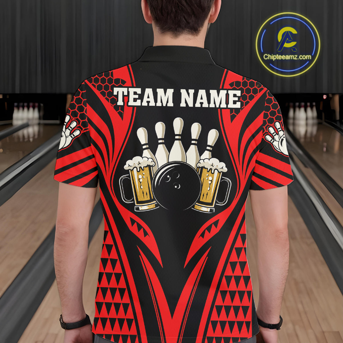 Black And Red Tribal Beer Bowling Shirts For Men Custom Bowling Polo, Quarter Zip Team Jersey TDM7691