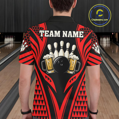 Black And Red Tribal Beer Bowling Shirts For Men Custom Bowling Polo, Quarter Zip Team Jersey TDM7691