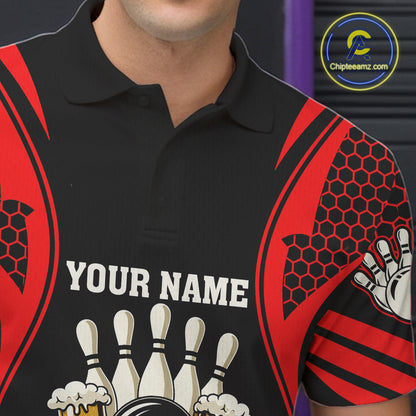 Black And Red Tribal Beer Bowling Shirts For Men Custom Bowling Polo, Quarter Zip Team Jersey TDM7691