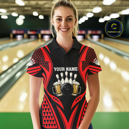Black And Red Tribal Beer Bowling Shirts For Women Custom Bowling Polo, Quarter Zip Team Jersey TDM7691
