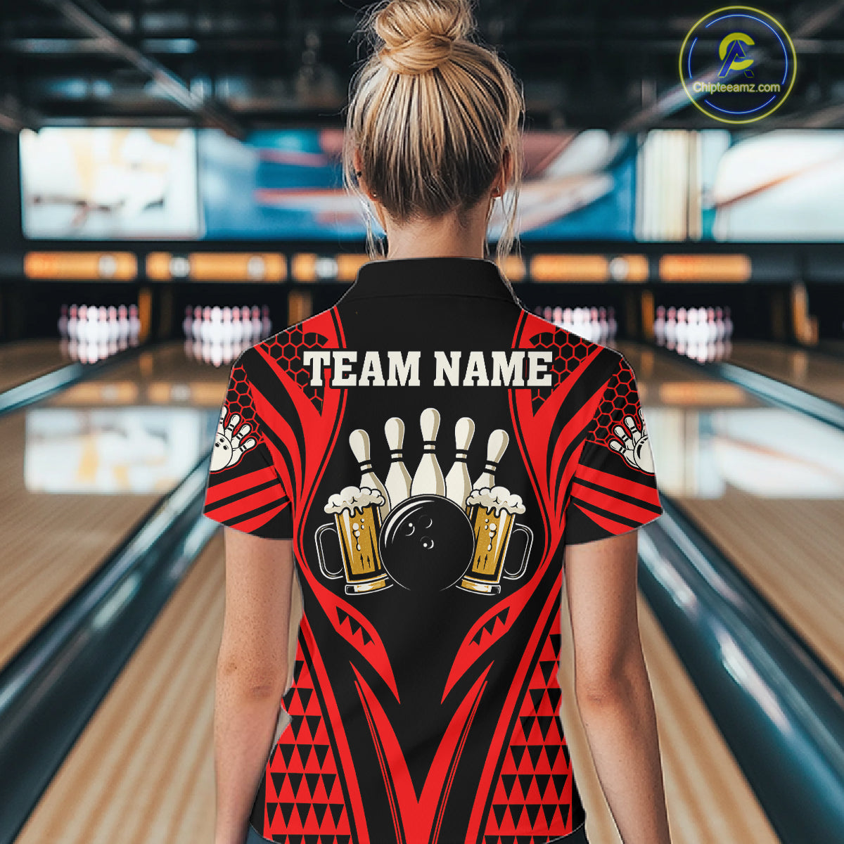 Black And Red Tribal Beer Bowling Shirts For Women Custom Bowling Polo, Quarter Zip Team Jersey TDM7691