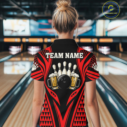Black And Red Tribal Beer Bowling Shirts For Women Custom Bowling Polo, Quarter Zip Team Jersey TDM7691
