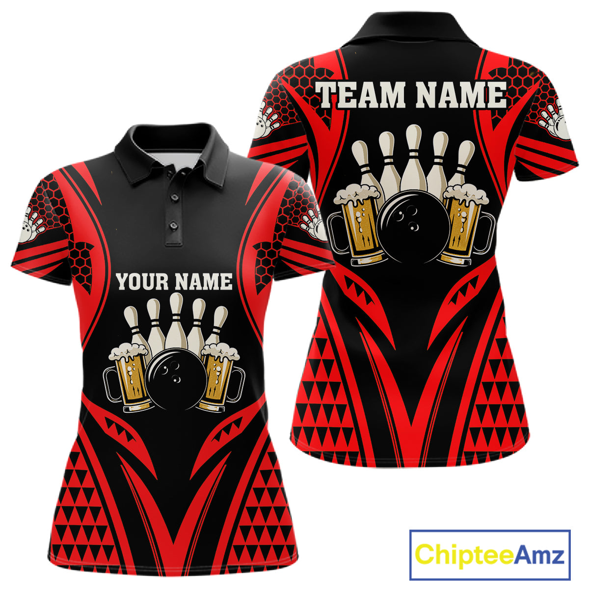 Black And Red Tribal Beer Bowling Shirts For Women Custom Bowling Polo, Quarter Zip Team Jersey TDM7691