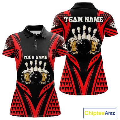 Black And Red Tribal Beer Bowling Shirts For Women Custom Bowling Polo, Quarter Zip Team Jersey TDM7691