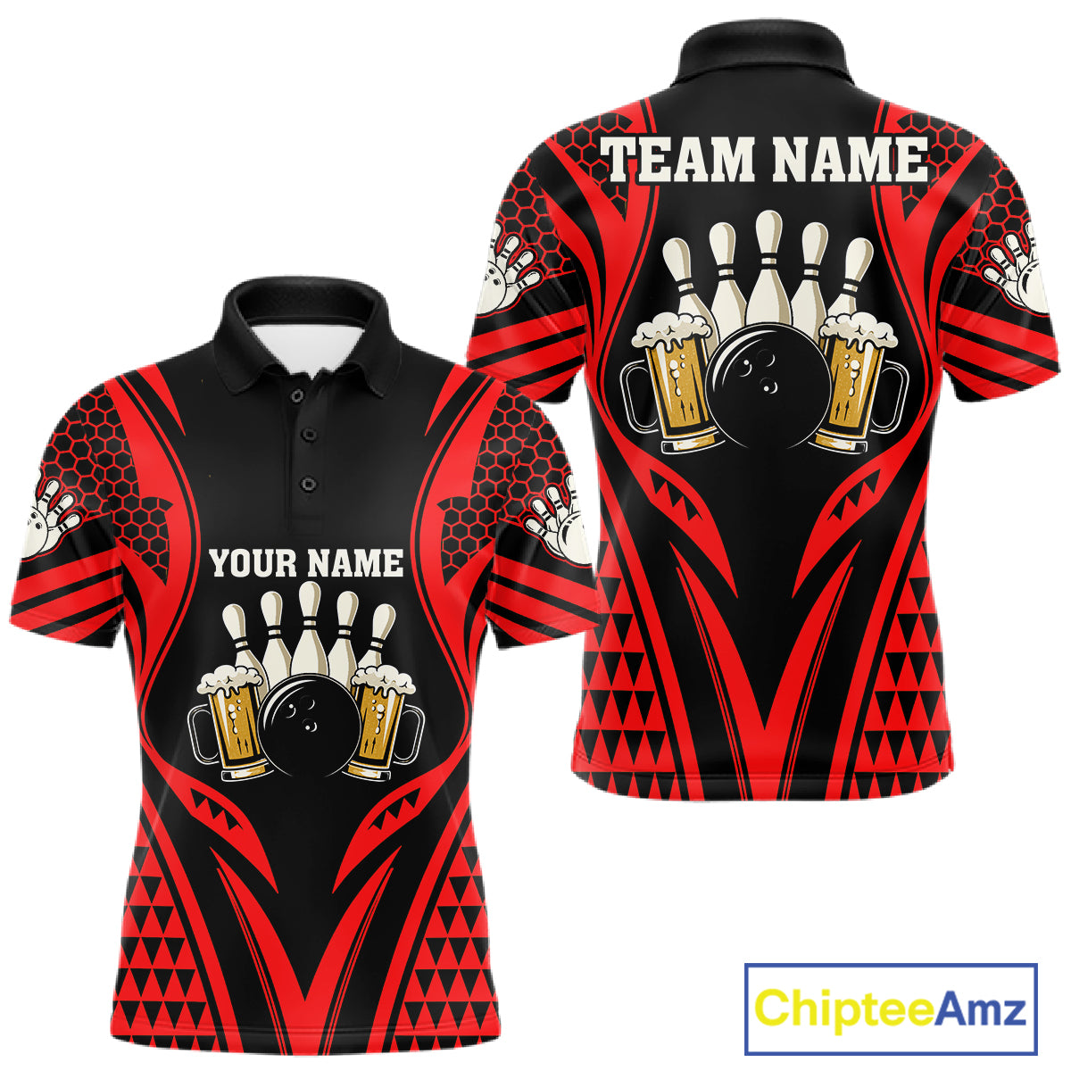 Black And Red Tribal Beer Bowling Shirts For Men Custom Bowling Polo, Quarter Zip Team Jersey TDM7691