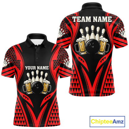 Black And Red Tribal Beer Bowling Shirts For Men Custom Bowling Polo, Quarter Zip Team Jersey TDM7691