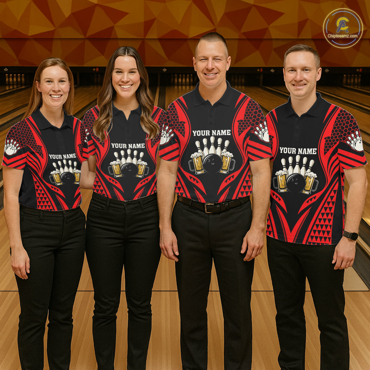 Black And Red Tribal Beer Bowling Shirts For Men Custom Bowling Polo, Quarter Zip Team Jersey TDM7691