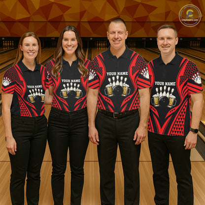 Black And Red Tribal Beer Bowling Shirts For Men Custom Bowling Polo, Quarter Zip Team Jersey TDM7691