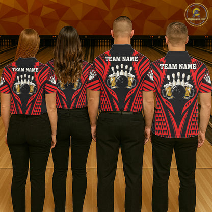 Black And Red Tribal Beer Bowling Shirts For Men Custom Bowling Polo, Quarter Zip Team Jersey TDM7691