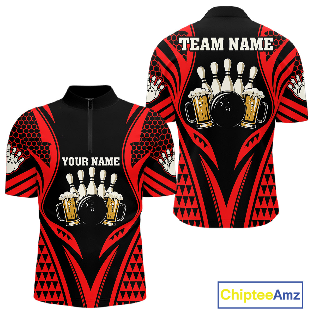Black And Red Tribal Beer Bowling Shirts For Men Custom Bowling Polo, Quarter Zip Team Jersey TDM7691