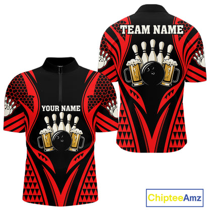 Black And Red Tribal Beer Bowling Shirts For Men Custom Bowling Polo, Quarter Zip Team Jersey TDM7691