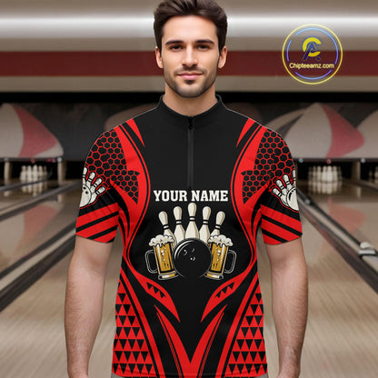 Black And Red Tribal Beer Bowling Shirts For Men Custom Bowling Polo, Quarter Zip Team Jersey TDM7691