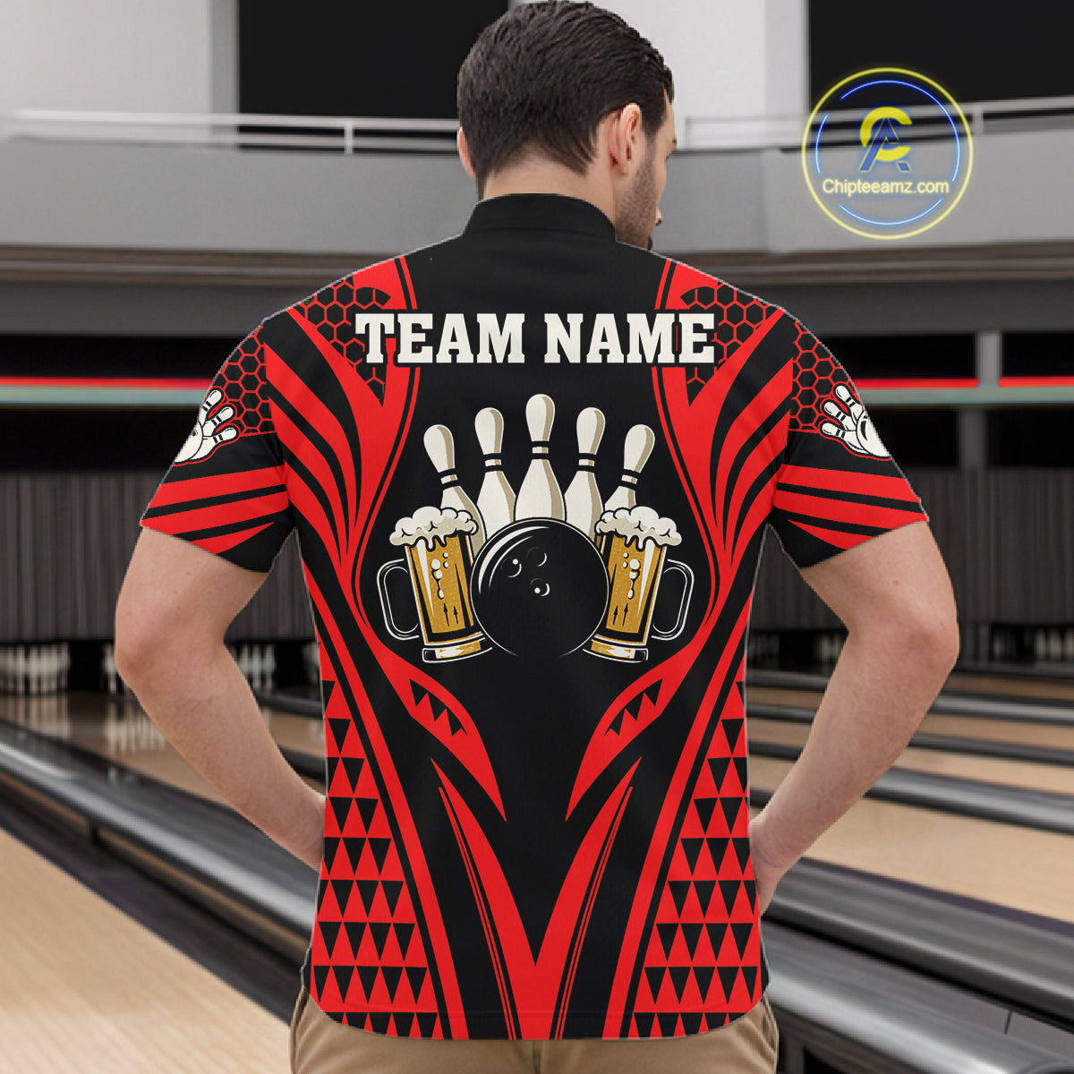 Black And Red Tribal Beer Bowling Shirts For Men Custom Bowling Polo, Quarter Zip Team Jersey TDM7691