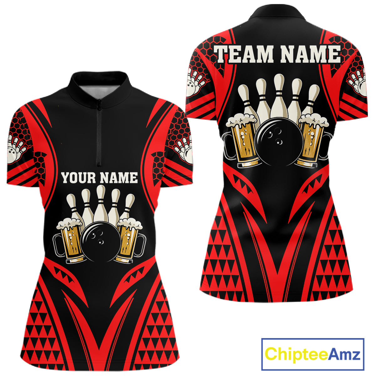 Black And Red Tribal Beer Bowling Shirts For Women Custom Bowling Polo, Quarter Zip Team Jersey TDM7691
