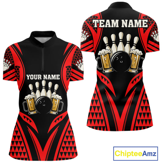 Black And Red Tribal Beer Bowling Shirts For Women Custom Bowling Polo, Quarter Zip Team Jersey TDM7691