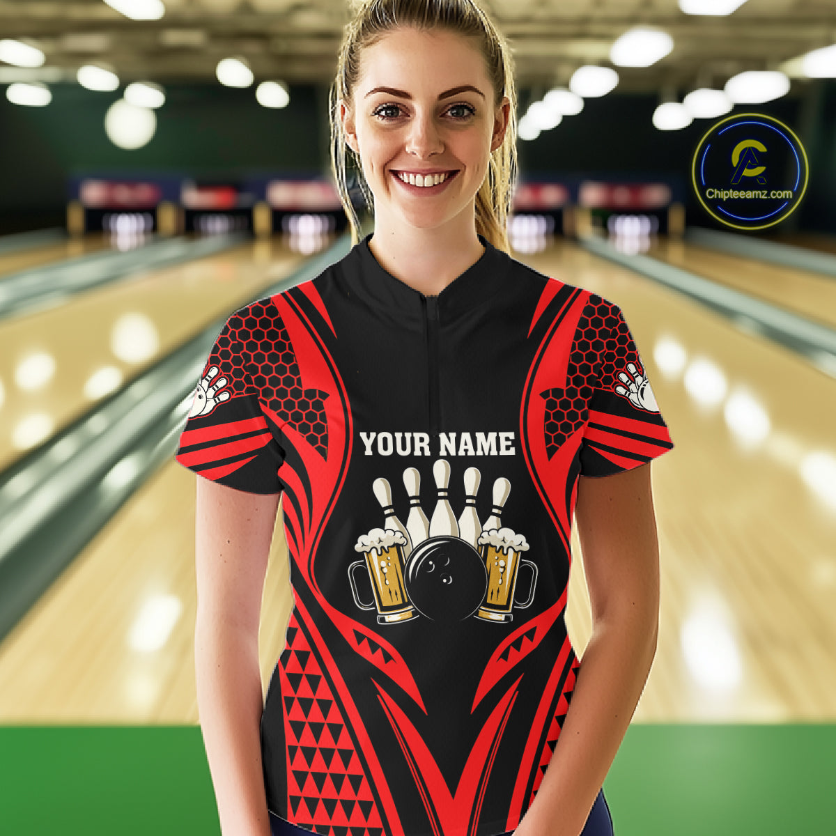 Black And Red Tribal Beer Bowling Shirts For Women Custom Bowling Polo, Quarter Zip Team Jersey TDM7691