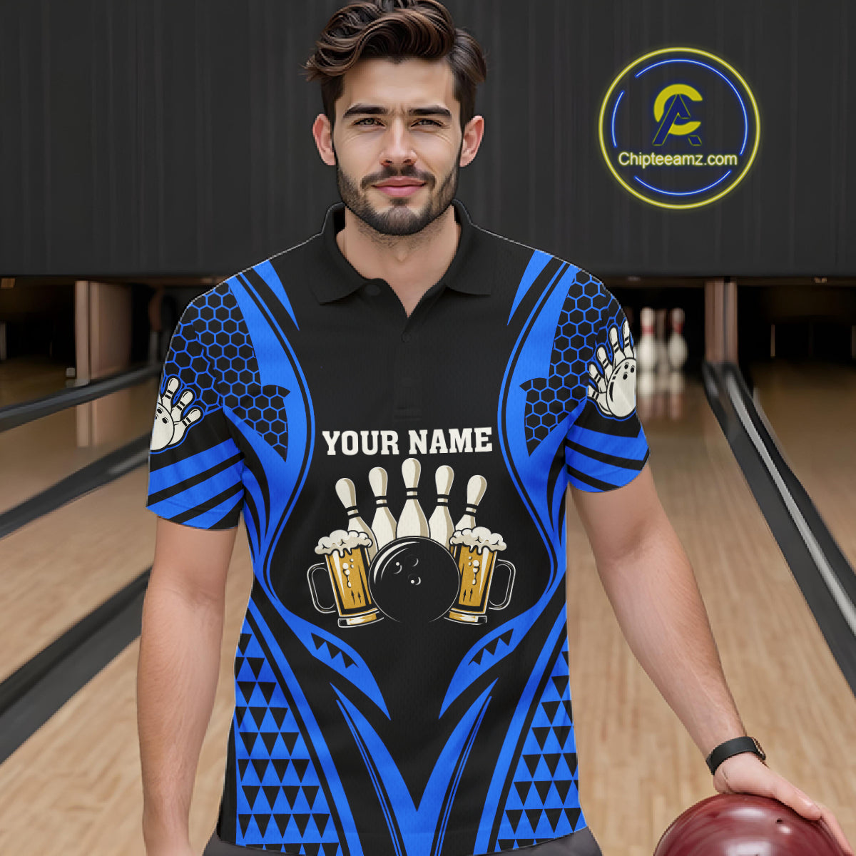 Black And Blue Tribal Beer Bowling Shirts For Men Custom Bowling Polo, Quarter Zip Team Jersey TDM7692
