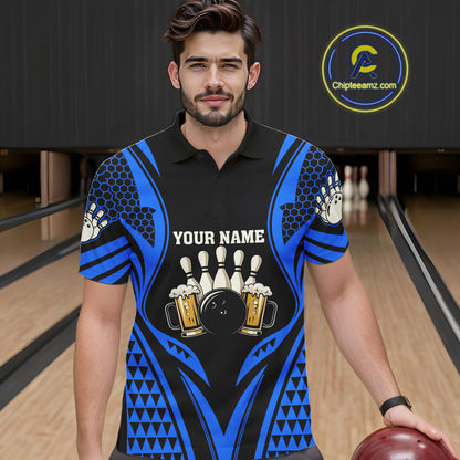 Black And Blue Tribal Beer Bowling Shirts For Men Custom Bowling Polo, Quarter Zip Team Jersey TDM7692