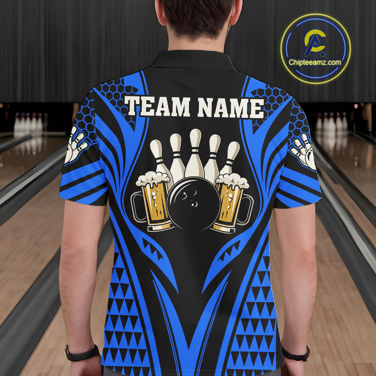 Black And Blue Tribal Beer Bowling Shirts For Men Custom Bowling Polo, Quarter Zip Team Jersey TDM7692
