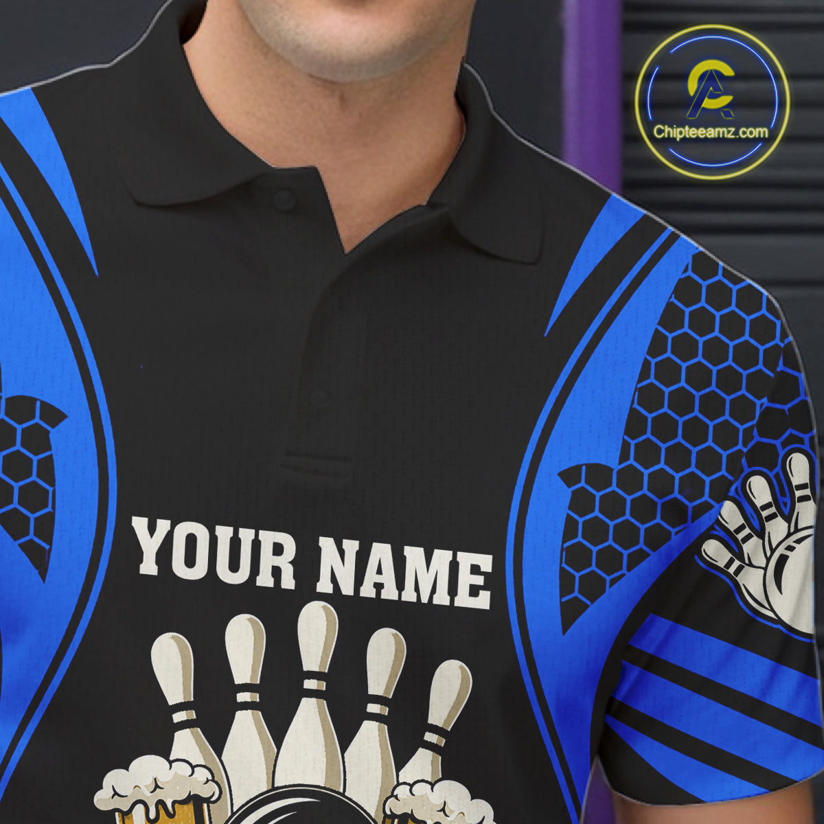 Black And Blue Tribal Beer Bowling Shirts For Men Custom Bowling Polo, Quarter Zip Team Jersey TDM7692