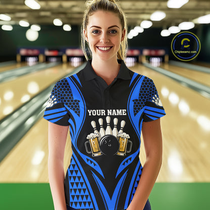 Black And Blue Tribal Beer Bowling Shirts For Women Custom Bowling Polo, Quarter Zip Team Jersey TDM7692