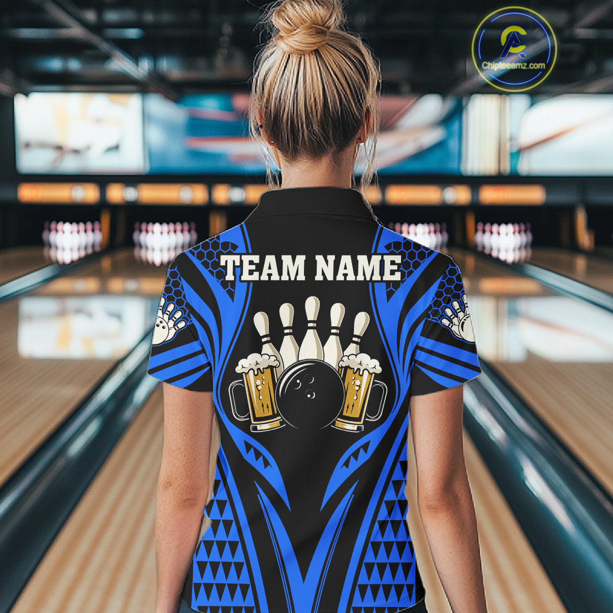 Black And Blue Tribal Beer Bowling Shirts For Women Custom Bowling Polo, Quarter Zip Team Jersey TDM7692