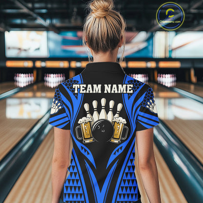 Black And Blue Tribal Beer Bowling Shirts For Women Custom Bowling Polo, Quarter Zip Team Jersey TDM7692