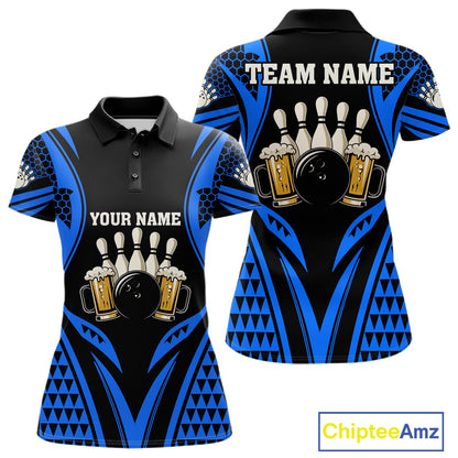 Black And Blue Tribal Beer Bowling Shirts For Women Custom Bowling Polo, Quarter Zip Team Jersey TDM7692