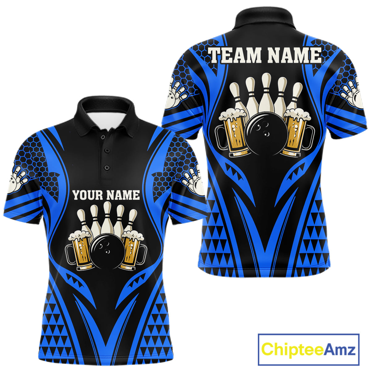 Black And Blue Tribal Beer Bowling Shirts For Men Custom Bowling Polo, Quarter Zip Team Jersey TDM7692