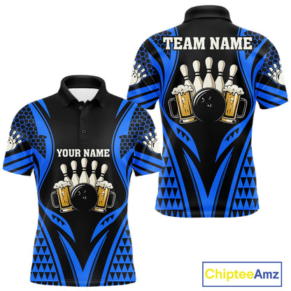 Black And Blue Tribal Beer Bowling Shirts For Men Custom Bowling Polo, Quarter Zip Team Jersey TDM7692