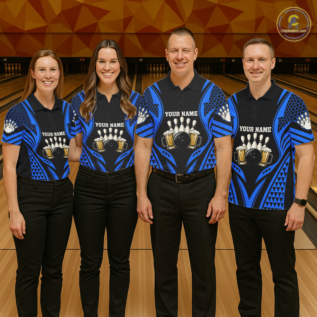 Black And Blue Tribal Beer Bowling Shirts For Men Custom Bowling Polo, Quarter Zip Team Jersey TDM7692