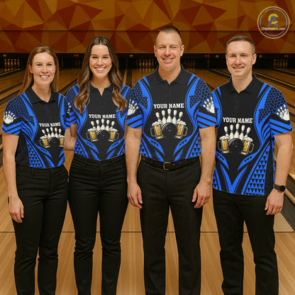Black And Blue Tribal Beer Bowling Shirts For Men Custom Bowling Polo, Quarter Zip Team Jersey TDM7692