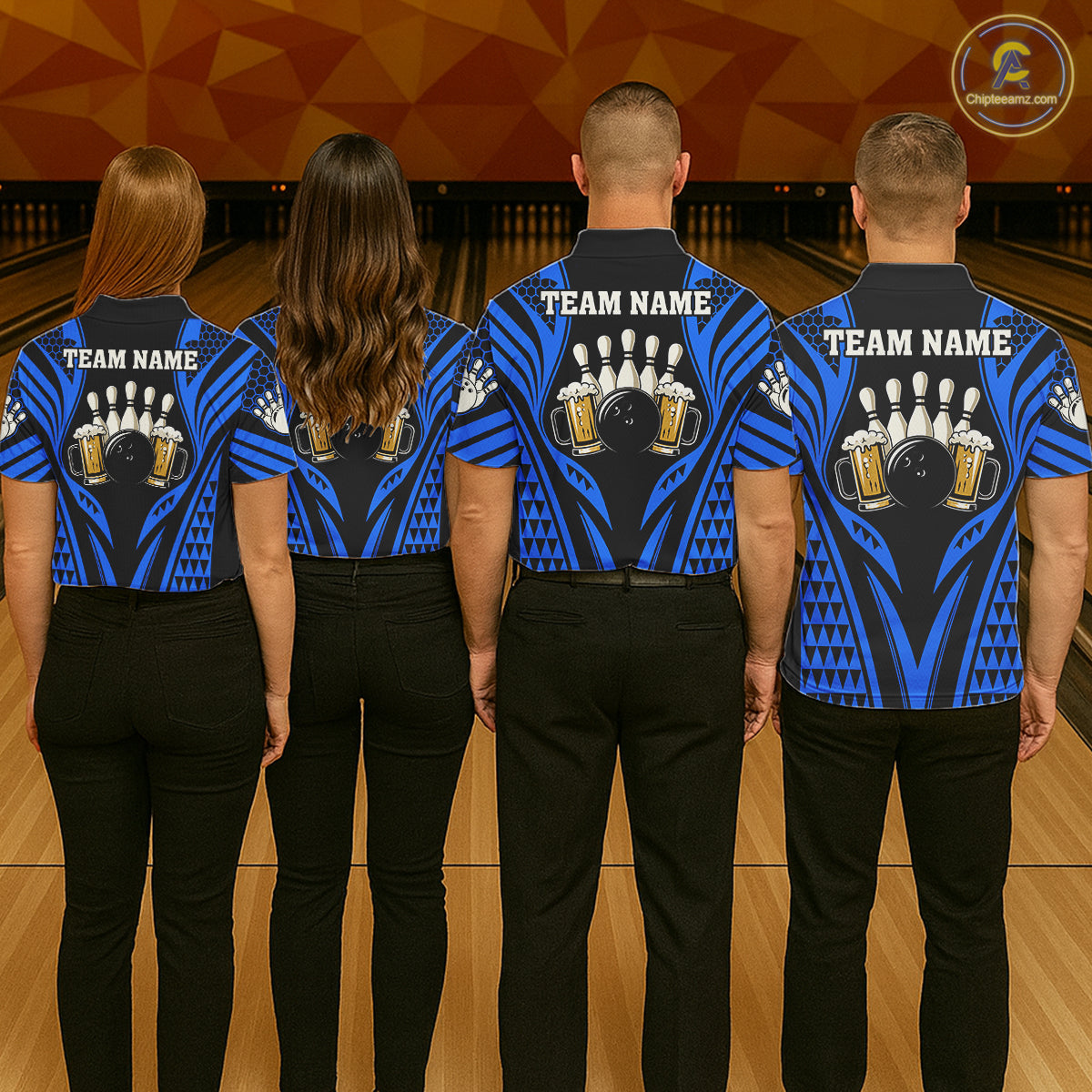 Black And Blue Tribal Beer Bowling Shirts For Men Custom Bowling Polo, Quarter Zip Team Jersey TDM7692