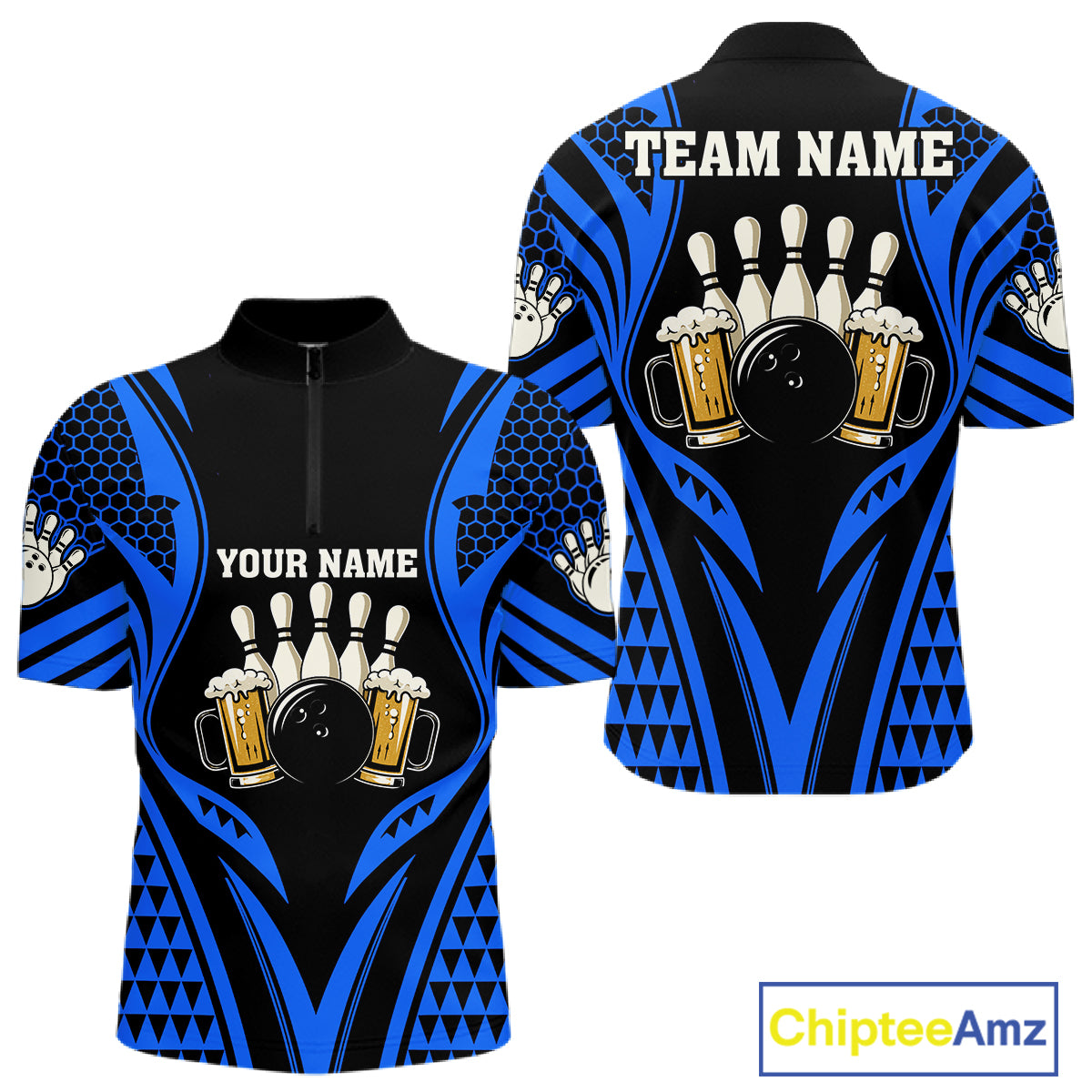 Black And Blue Tribal Beer Bowling Shirts For Men Custom Bowling Polo, Quarter Zip Team Jersey TDM7692