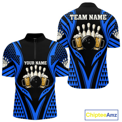 Black And Blue Tribal Beer Bowling Shirts For Men Custom Bowling Polo, Quarter Zip Team Jersey TDM7692