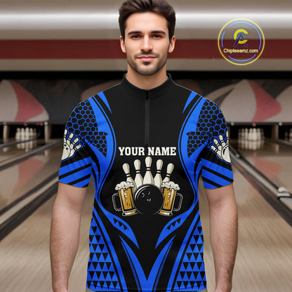 Black And Blue Tribal Beer Bowling Shirts For Men Custom Bowling Polo, Quarter Zip Team Jersey TDM7692