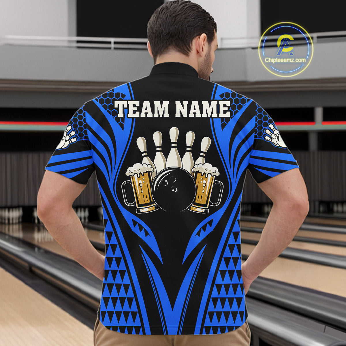 Black And Blue Tribal Beer Bowling Shirts For Men Custom Bowling Polo, Quarter Zip Team Jersey TDM7692
