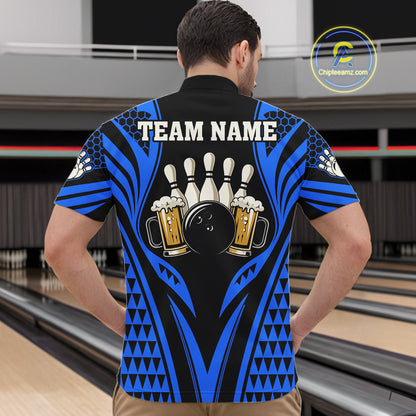 Black And Blue Tribal Beer Bowling Shirts For Men Custom Bowling Polo, Quarter Zip Team Jersey TDM7692