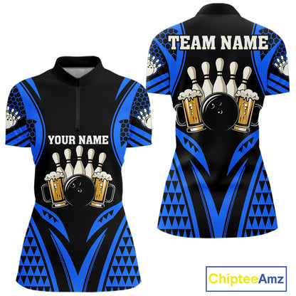 Black And Blue Tribal Beer Bowling Shirts For Women Custom Bowling Polo, Quarter Zip Team Jersey TDM7692
