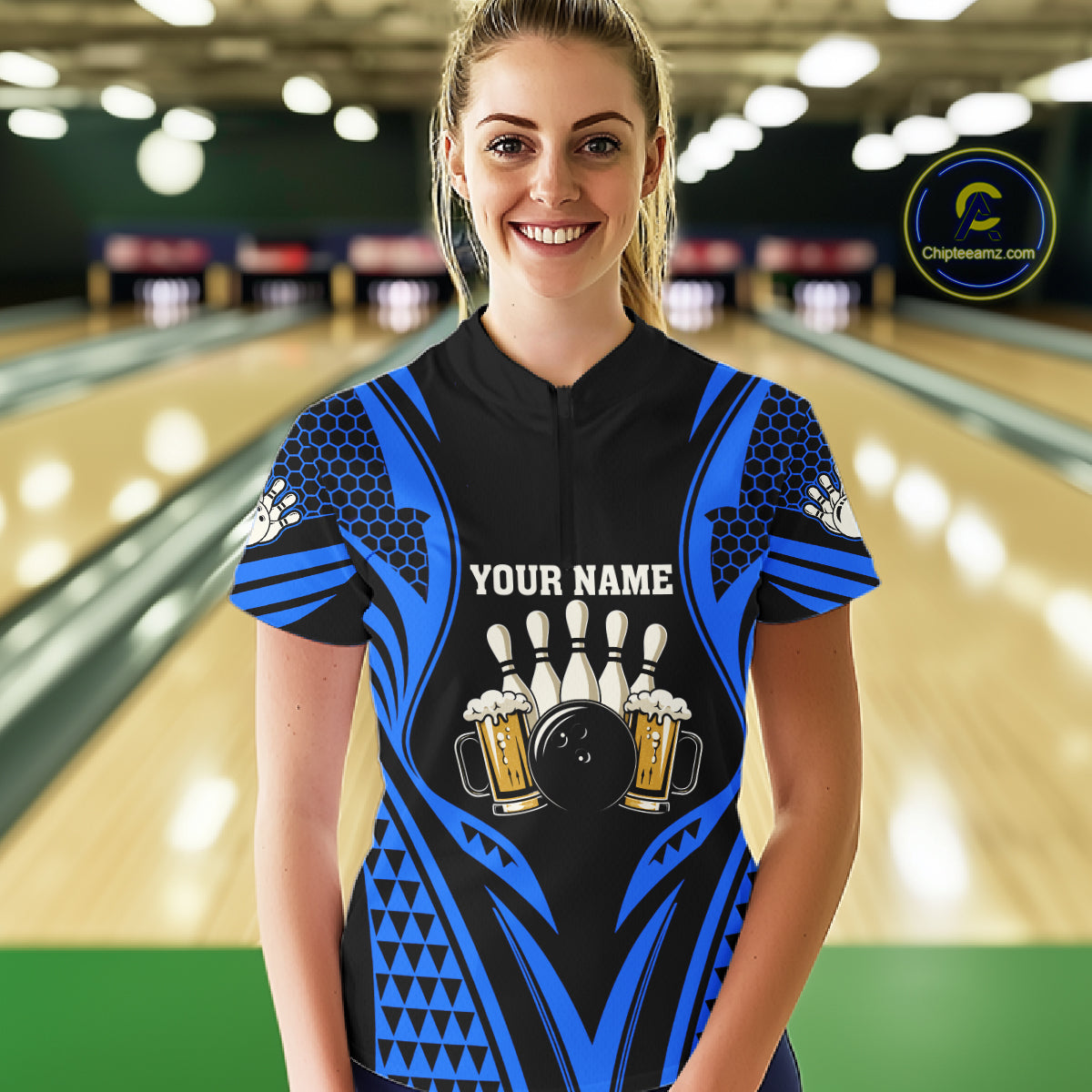 Black And Blue Tribal Beer Bowling Shirts For Women Custom Bowling Polo, Quarter Zip Team Jersey TDM7692