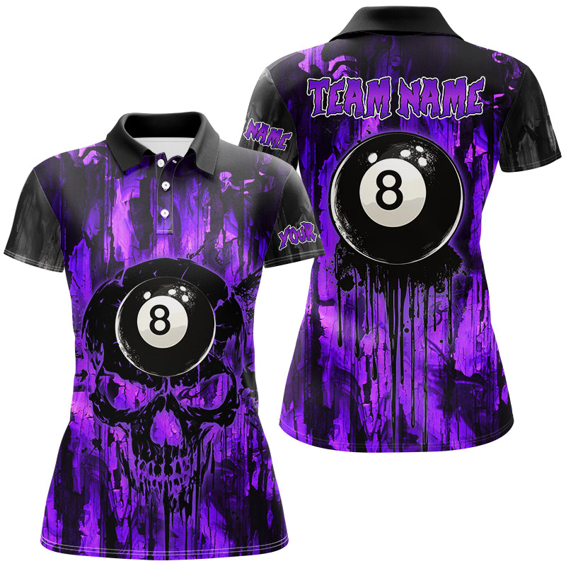 Personalized Black And Purple 8 Ball Melting Women Billiard Shirts, Grunge Skull Billiard Jerseys TDM2865