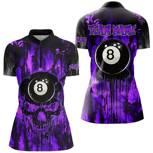 Personalized Black And Purple 8 Ball Melting Women Billiard Shirts, Grunge Skull Billiard Jerseys TDM2865