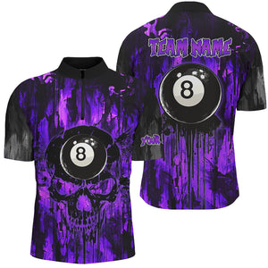 Personalized Black And Purple 8 Ball Melting Men Billiard Shirts, Grunge Skull Billiard Jerseys TDM2865