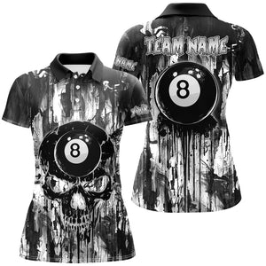 Personalized Black White 8 Ball Pool Melting Women Billiard Shirts, Grunge Skull Billiard Jerseys TDM2866