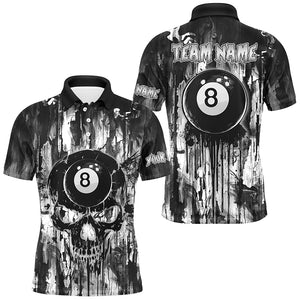 Personalized Black White 8 Ball Pool Melting Men Billiard Shirts, Grunge Skull Billiard Jerseys TDM2866